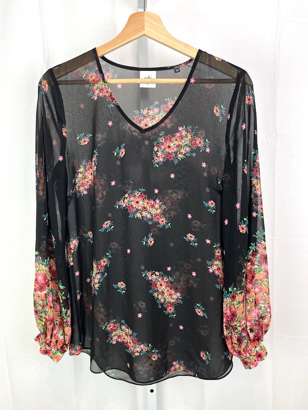 CABI Size S Blooming Blouse 3594 Sheer Floral Pullover Top Black Multicolor
